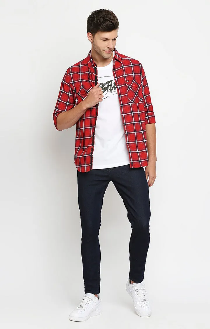 Spykar Men Red Slim Fit Full Sleeve Checkered Shirt