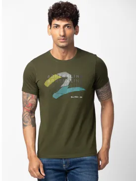 Spykar Men Rifle Green Cotton Regular Fit Half Sleeve Printed T-Shirt