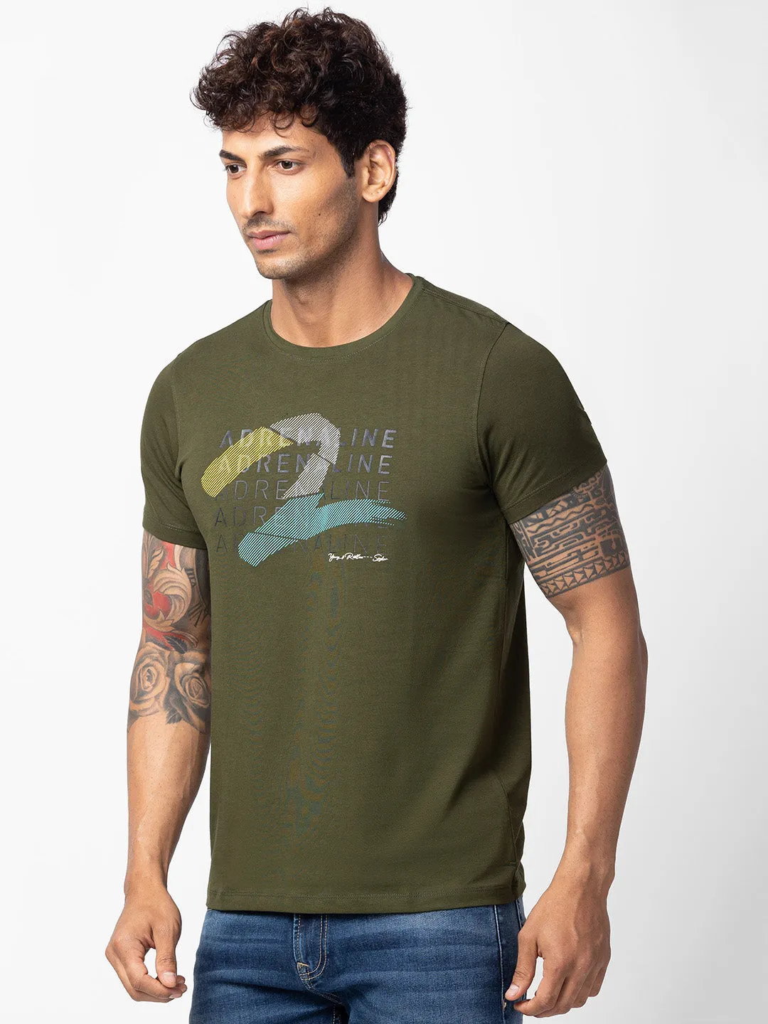 Spykar Men Rifle Green Cotton Regular Fit Half Sleeve Printed T-Shirt