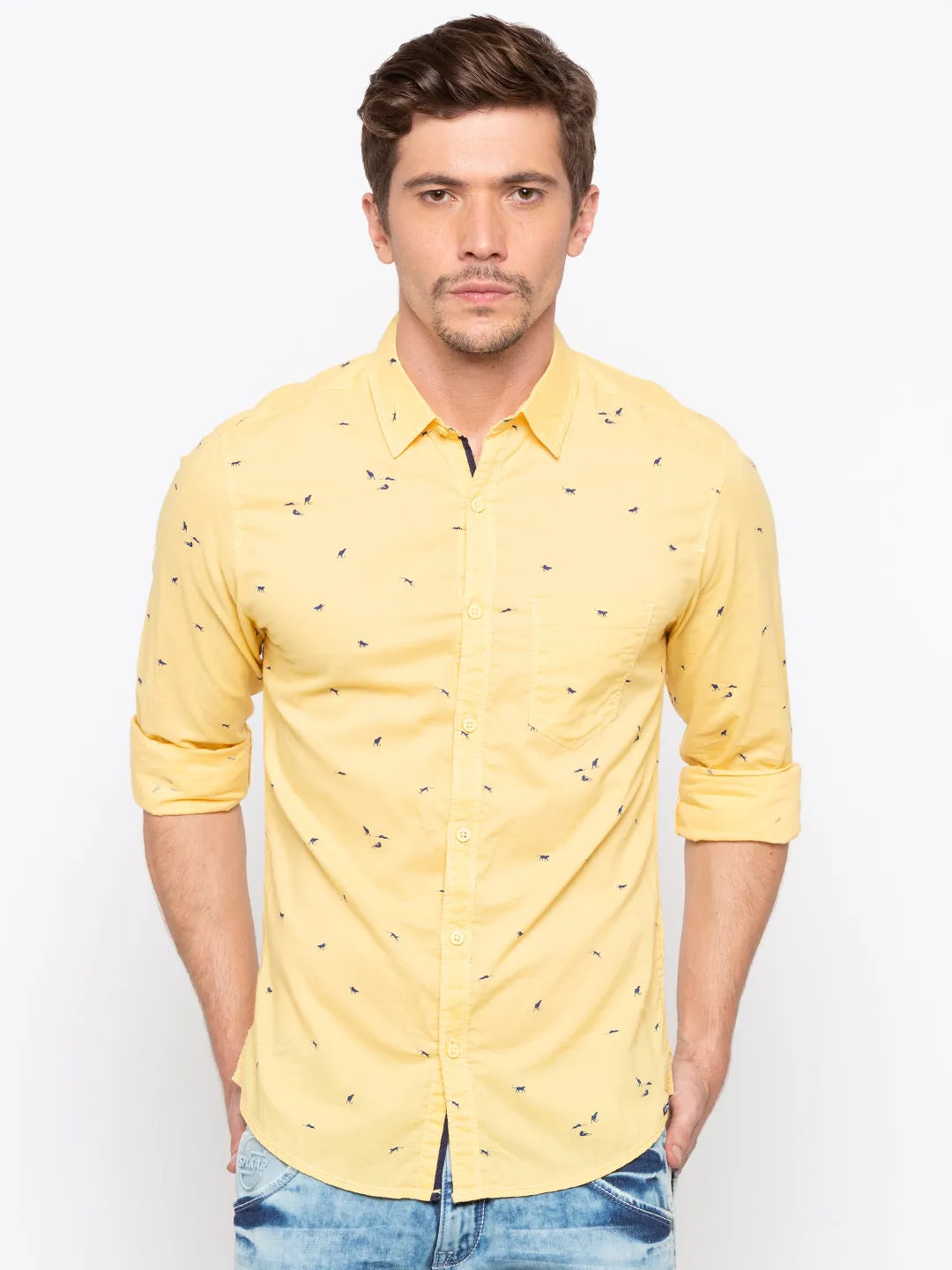 Spykar Men Yellow Printed Slim Fit Casual Shirt