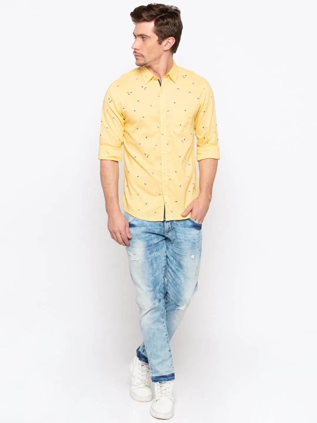 Spykar Men Yellow Printed Slim Fit Casual Shirt