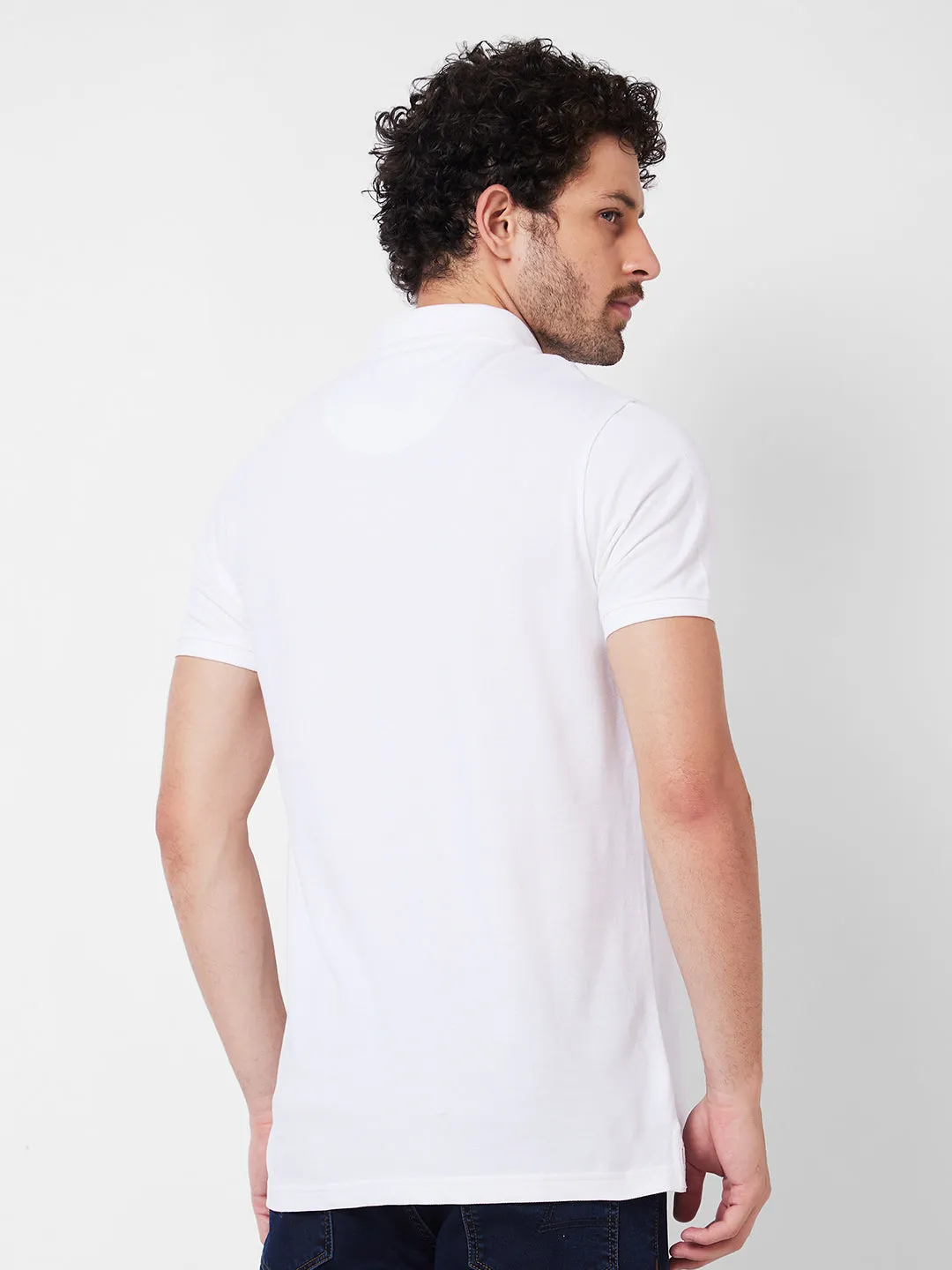 Spykar Polo Collar Half Sleeves White T-Shirt  For Men