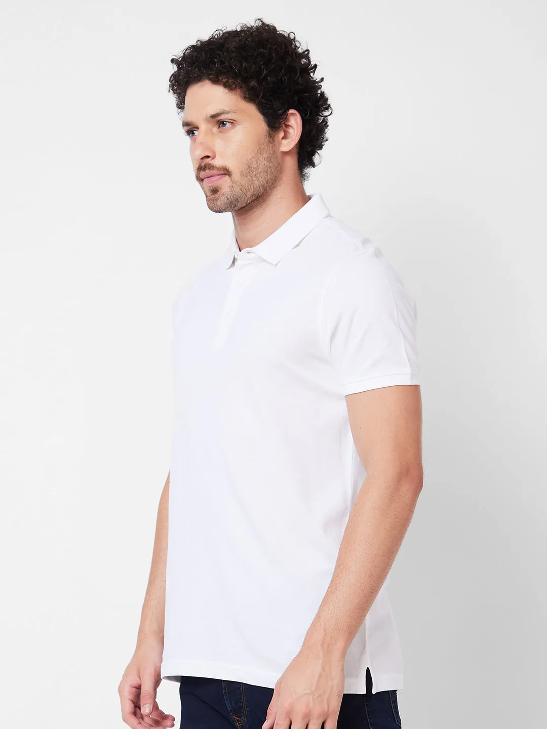 Spykar Polo Collar Half Sleeves White T-Shirt  For Men