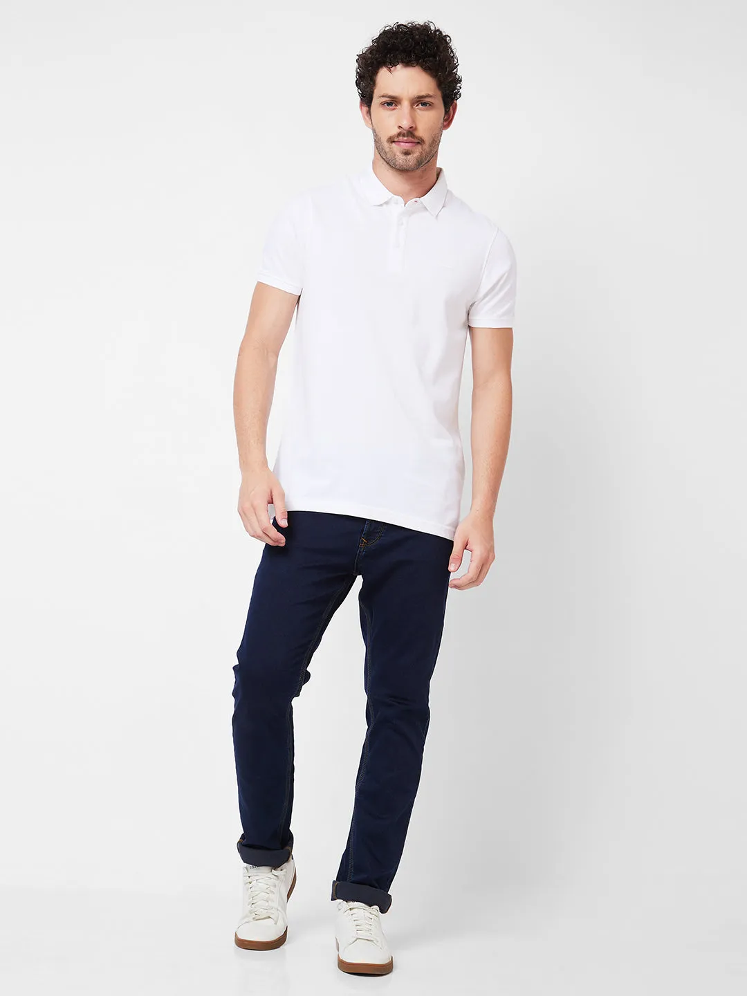 Spykar Polo Collar Half Sleeves White T-Shirt  For Men