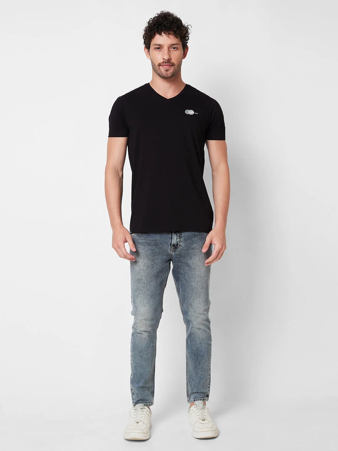 Spykar V NECK HALF SLEEVES Black T-shirt  For Men