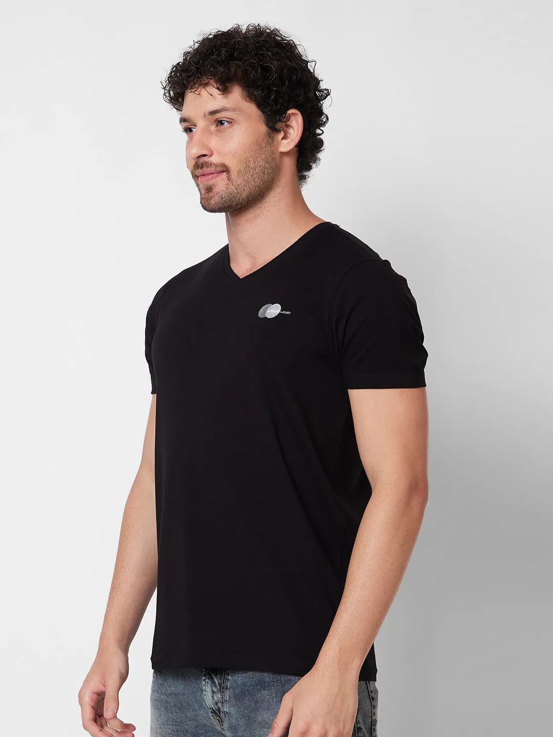 Spykar V NECK HALF SLEEVES Black T-shirt  For Men