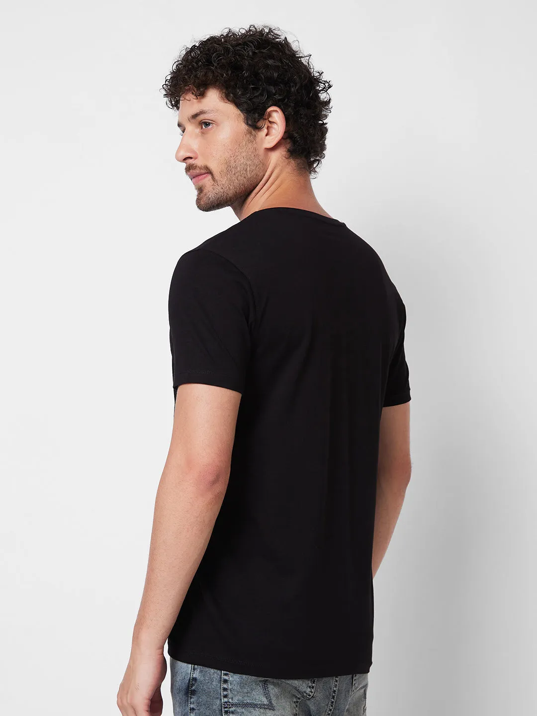 Spykar V NECK HALF SLEEVES Black T-shirt  For Men