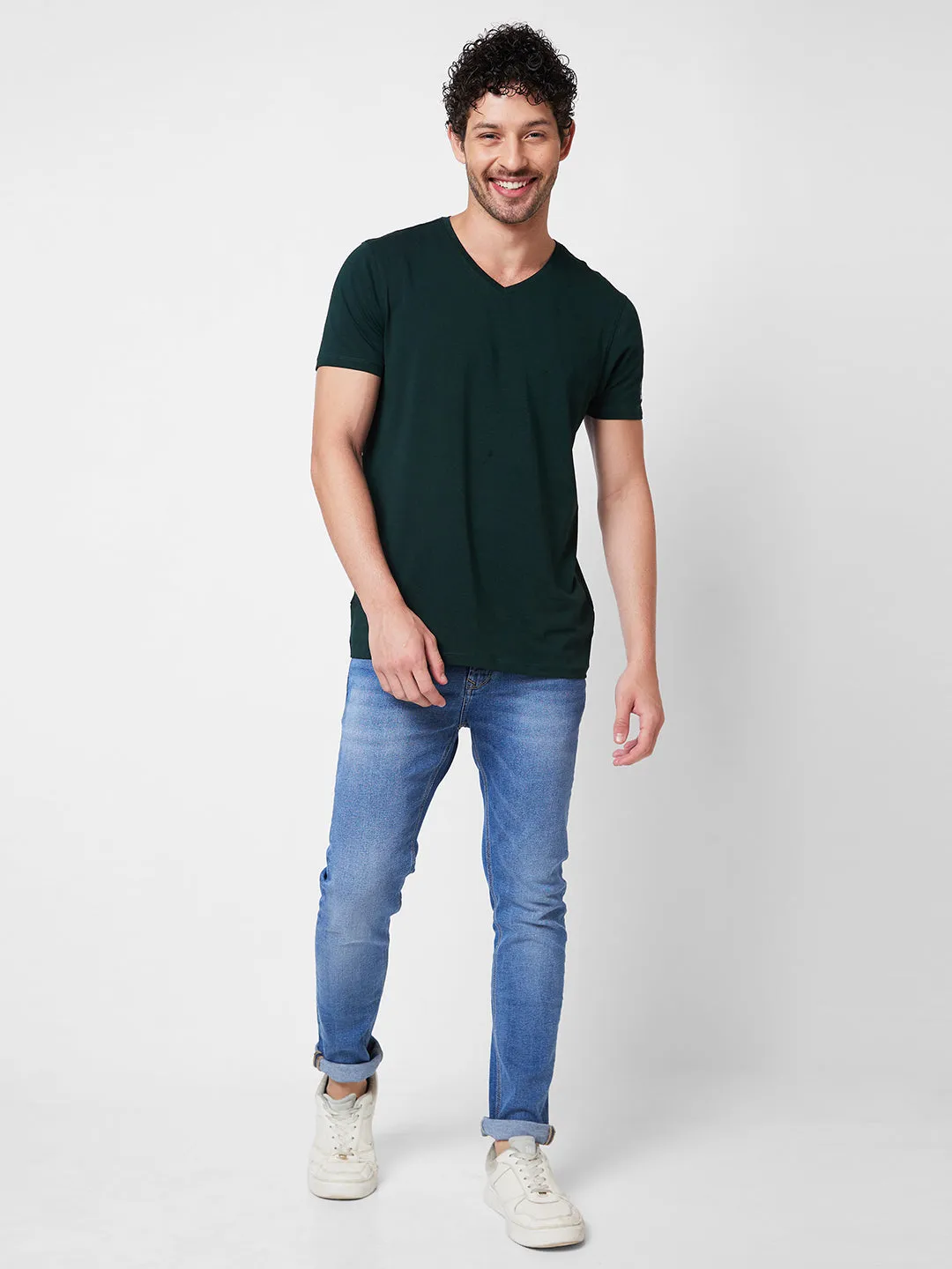 Spykar V NECK HALF SLEEVES Green T-shirt  For Men