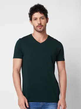 Spykar V NECK HALF SLEEVES Green T-shirt  For Men