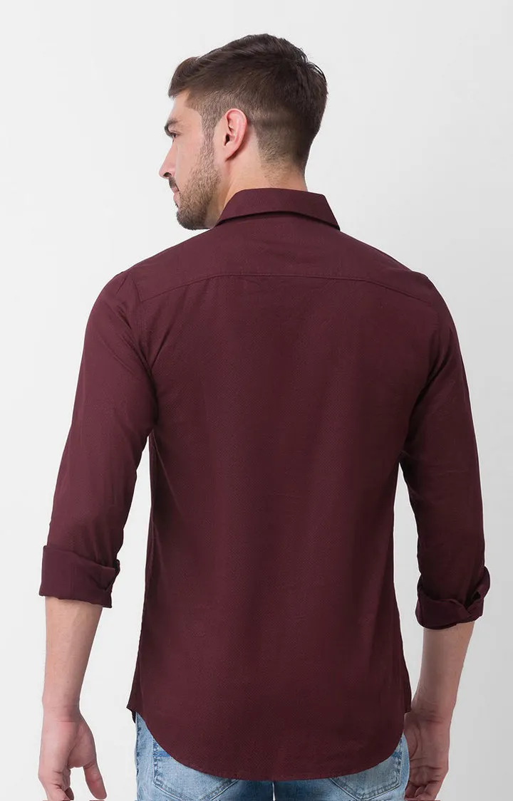 Spykar Wine Red Satin Full Sleeve Printed Shirt For Men