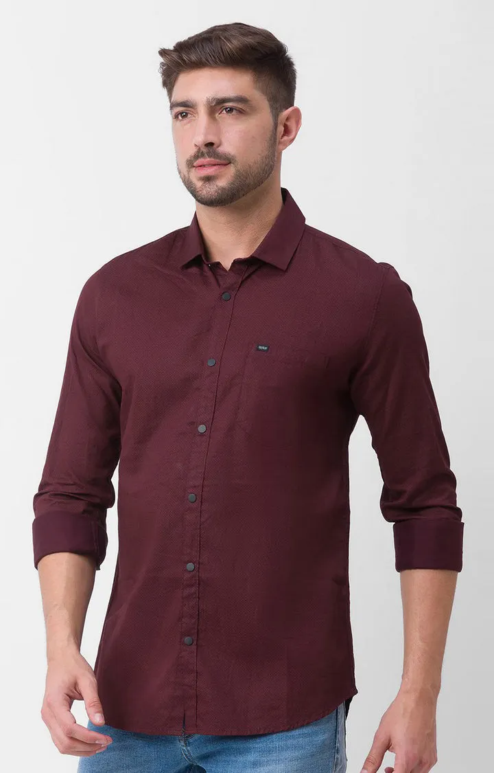 Spykar Wine Red Satin Full Sleeve Printed Shirt For Men