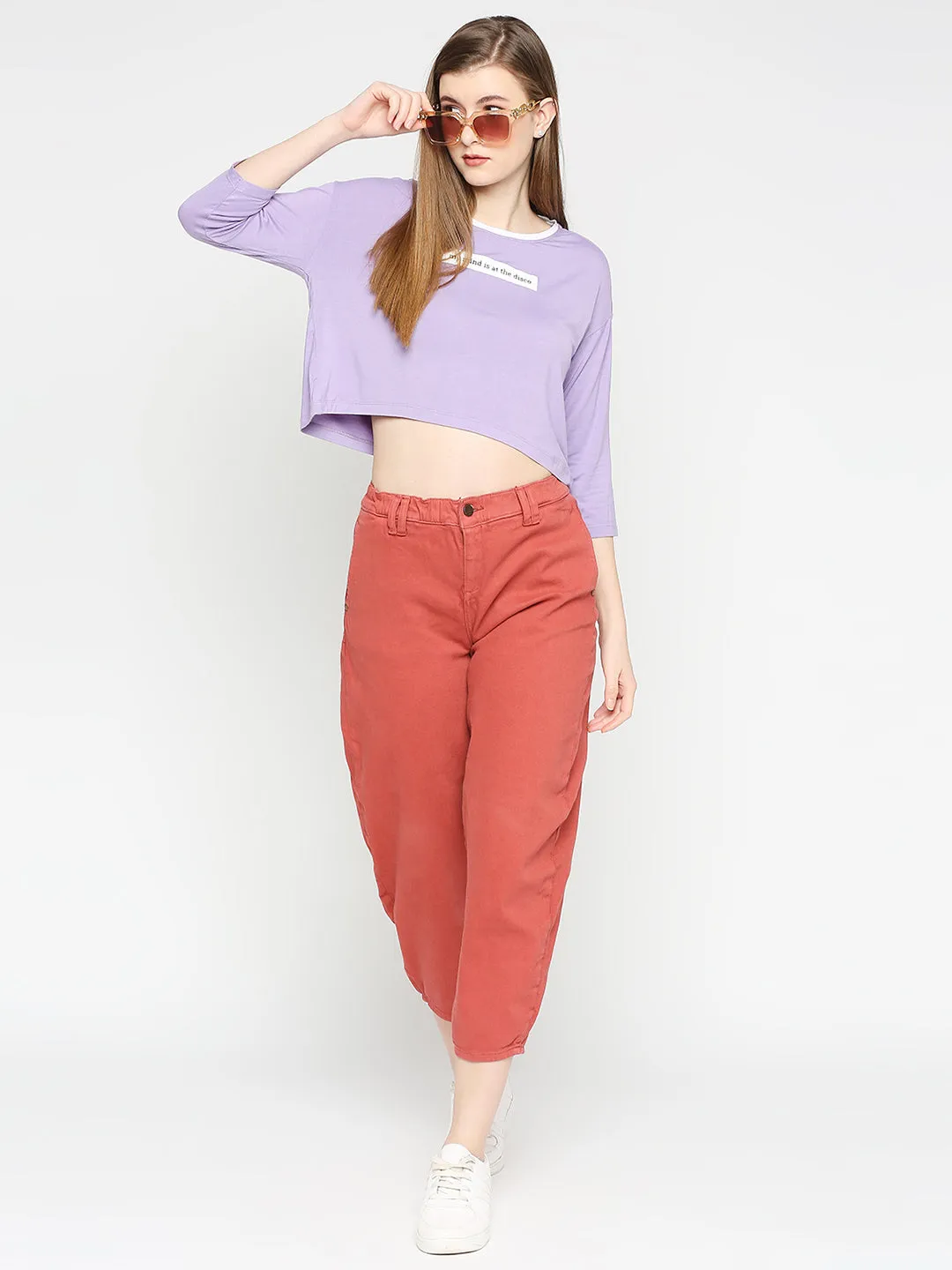 Spykar Women Lilac Blended Slim Fit Printed Crop Top