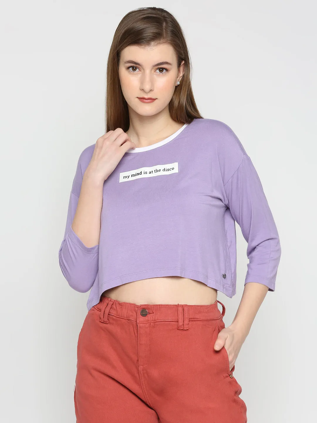 Spykar Women Lilac Blended Slim Fit Printed Crop Top