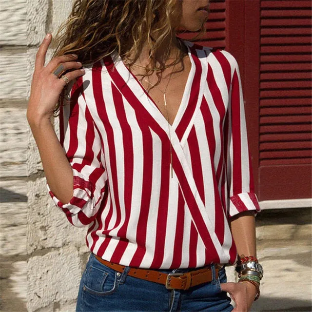 Striped Blouse Shirt Long Sleeve Blouse V-neck Shirts Casual Tops Blouse