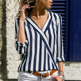 Striped Blouse Shirt Long Sleeve Blouse V-neck Shirts Casual Tops Blouse