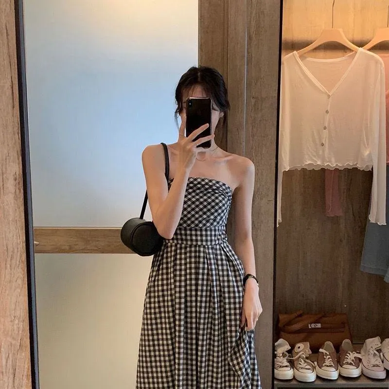 Suit Plaid Irregular Chic Strapless French Style Black And White Dress