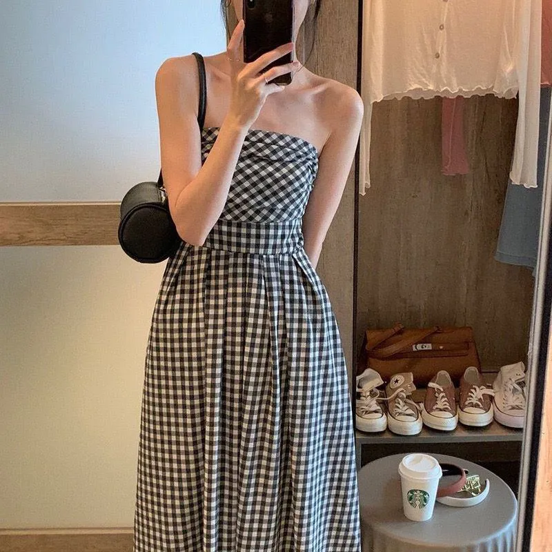 Suit Plaid Irregular Chic Strapless French Style Black And White Dress