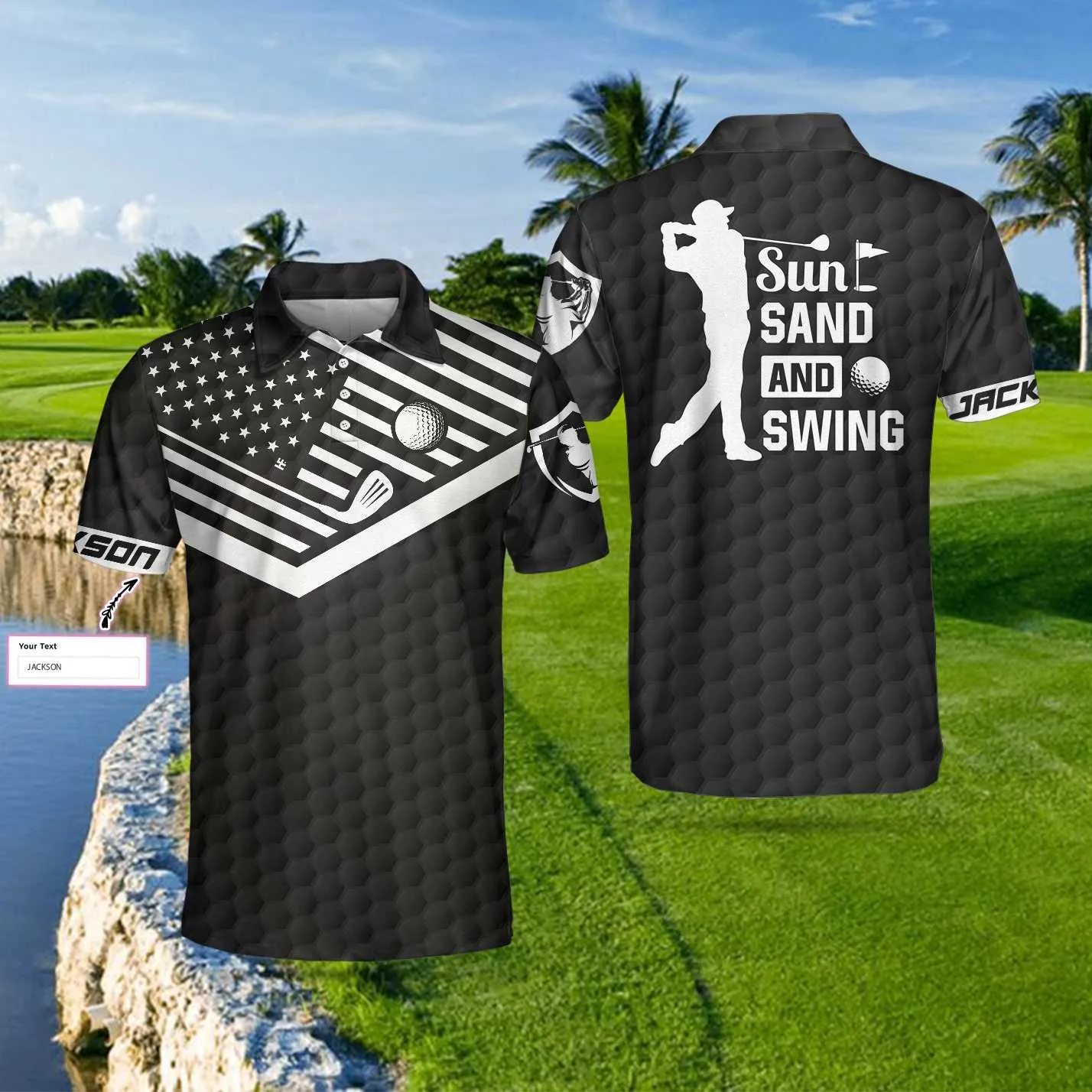 Sun Sand And Swing Custom Polo Shirt, Personalized Black American Flag Golf Shirt For Men Coolspod