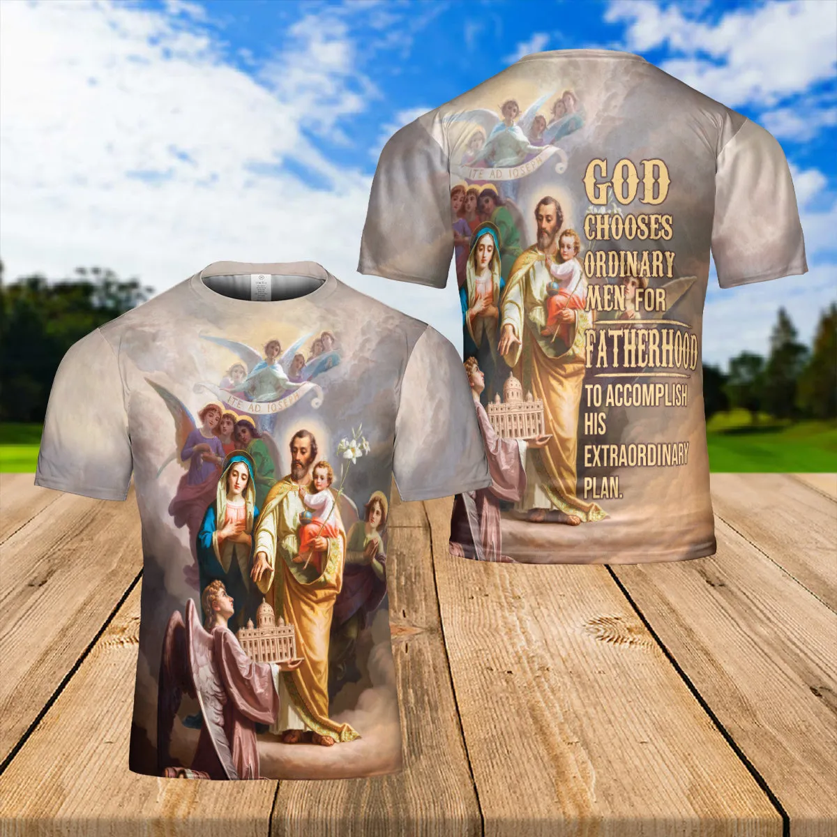 Teesdily | Holy Family Joseph Mary Jesus Graphic 3D Tshirt God Chooses Ordinary Men For Fatherhood All Over Print Tee Religious Gifts