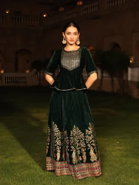 The Sunehri Green Zari Embroidered Velvet Top & Skirt Set With Sequins & Lace