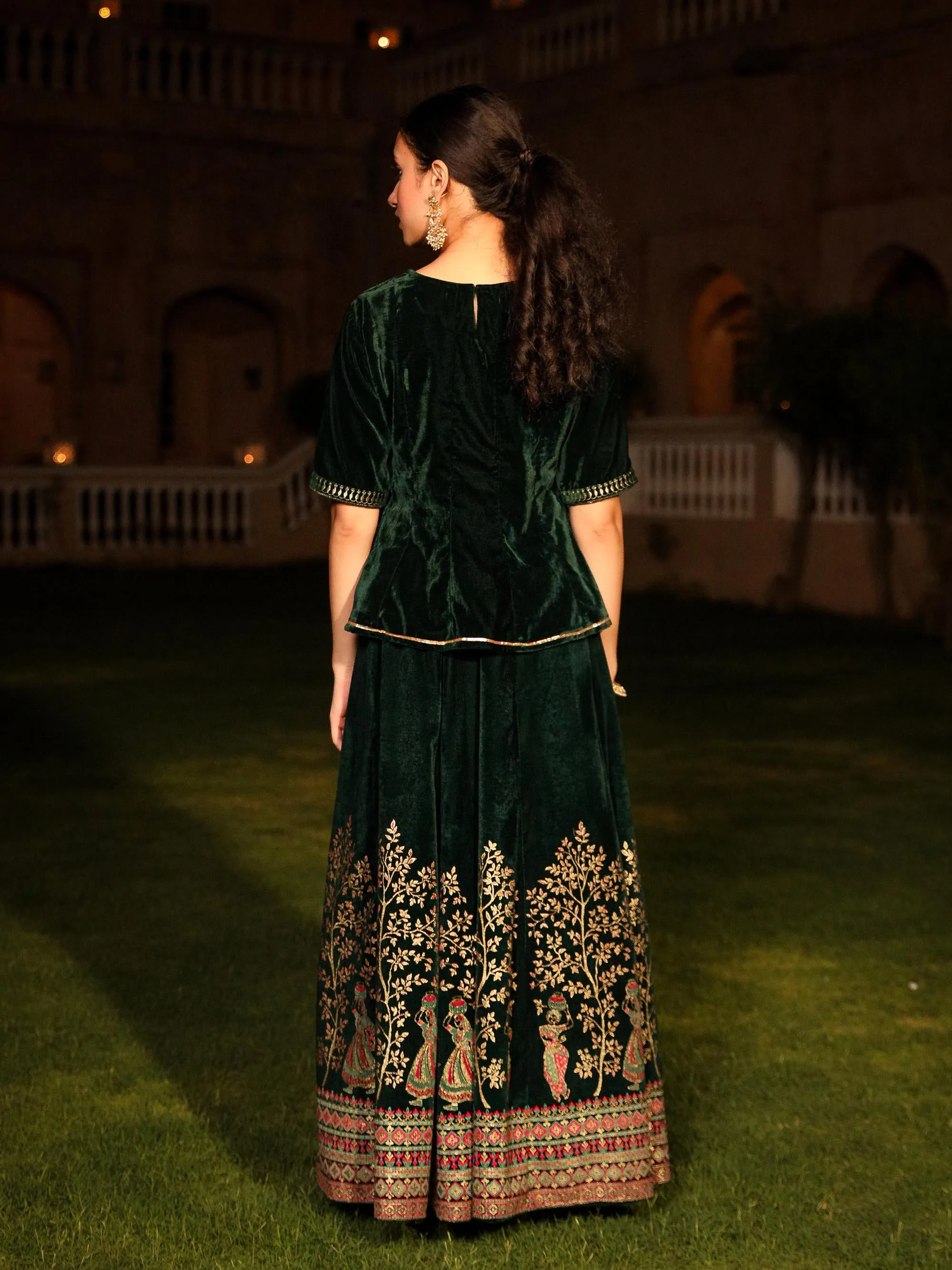 The Sunehri Green Zari Embroidered Velvet Top & Skirt Set With Sequins & Lace