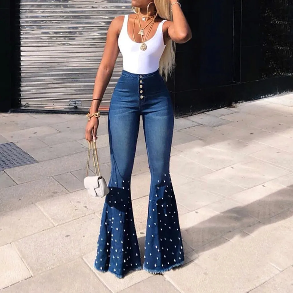 Trendy Denim High Waist  Bell-Bottom Pants