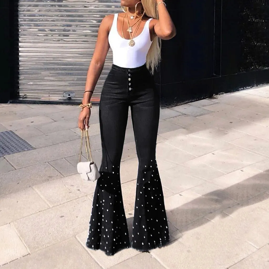 Trendy Denim High Waist  Bell-Bottom Pants