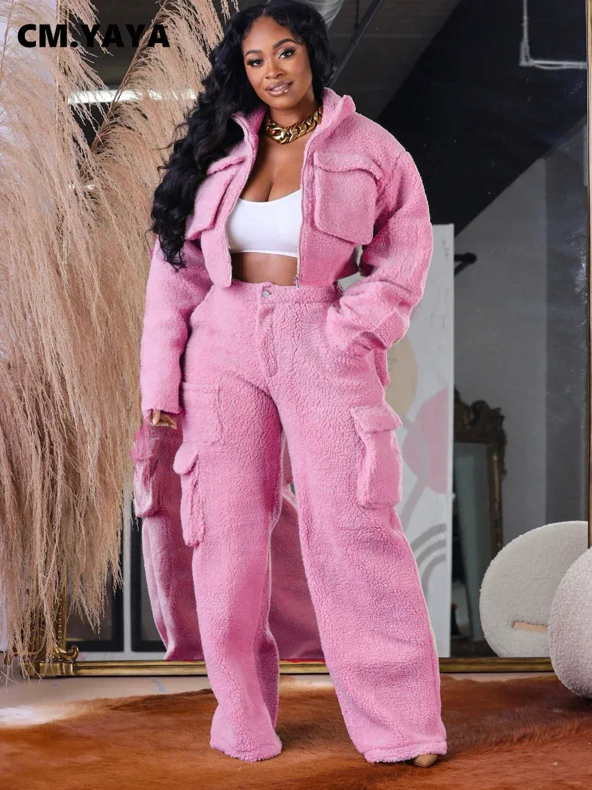 Trendy Fleece Jacket and Wide Leg Pants Outfit