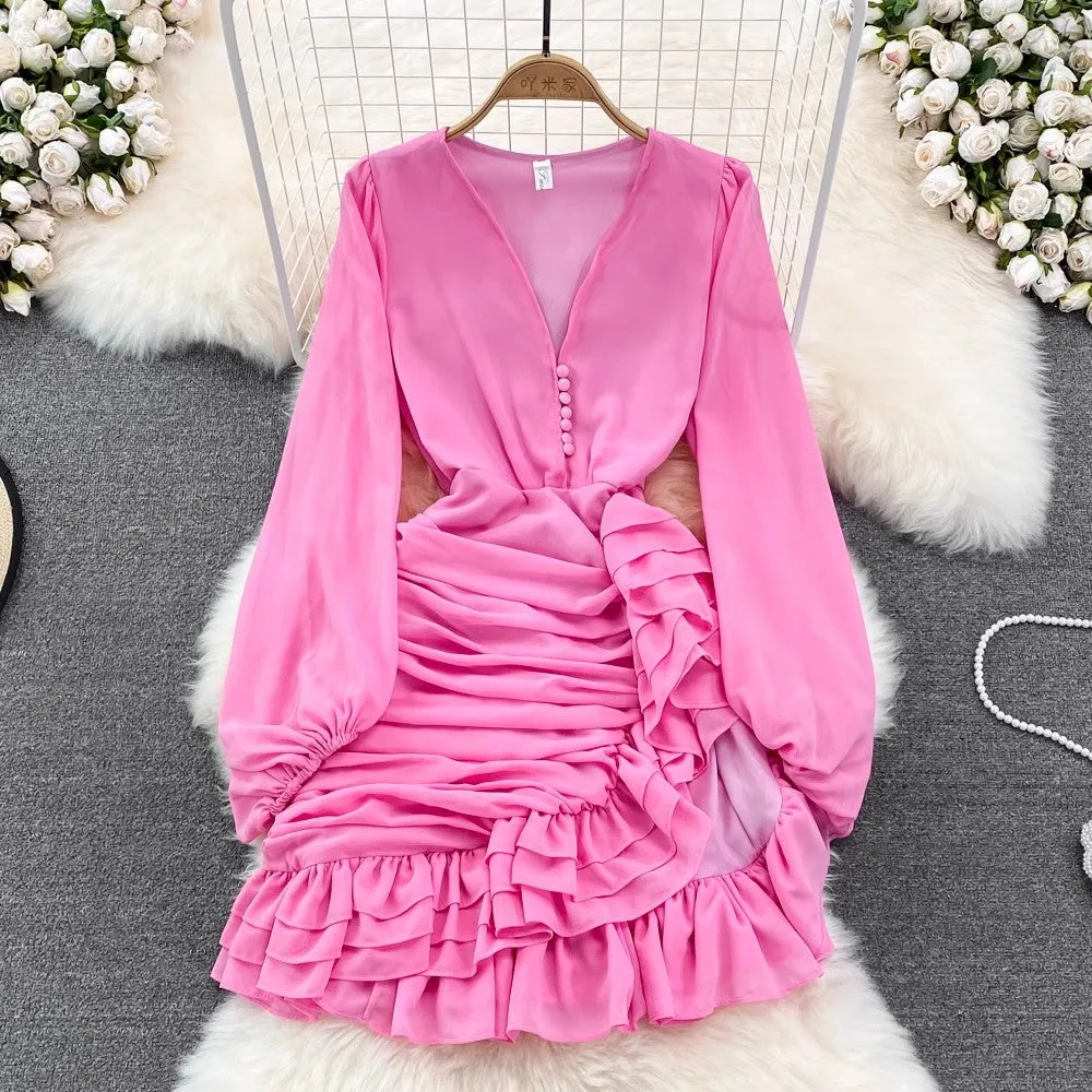 V-neck dress with irregular design ruffled skirt     S4355