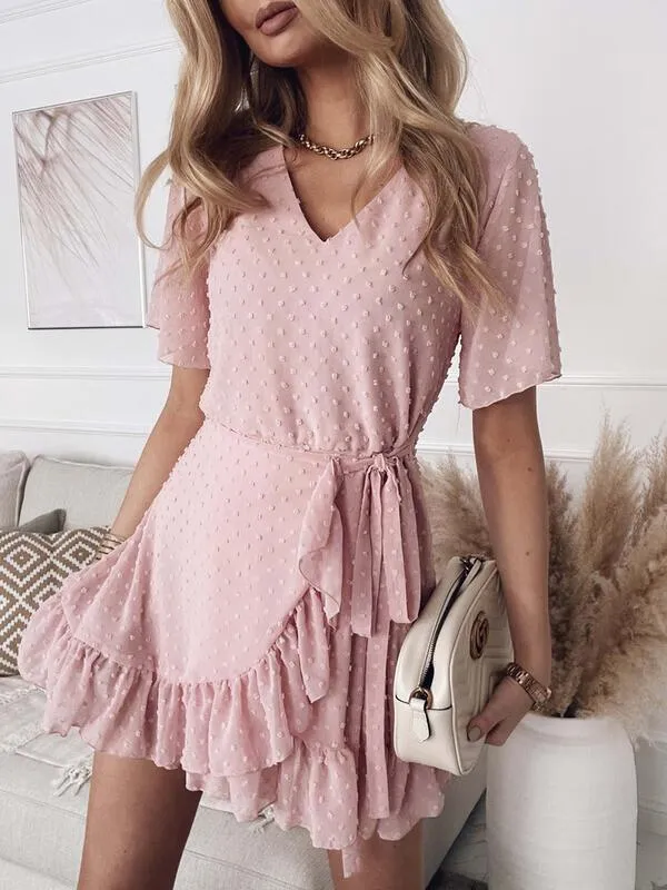 Waist V-neck Short Sleeve Solid Color Dress