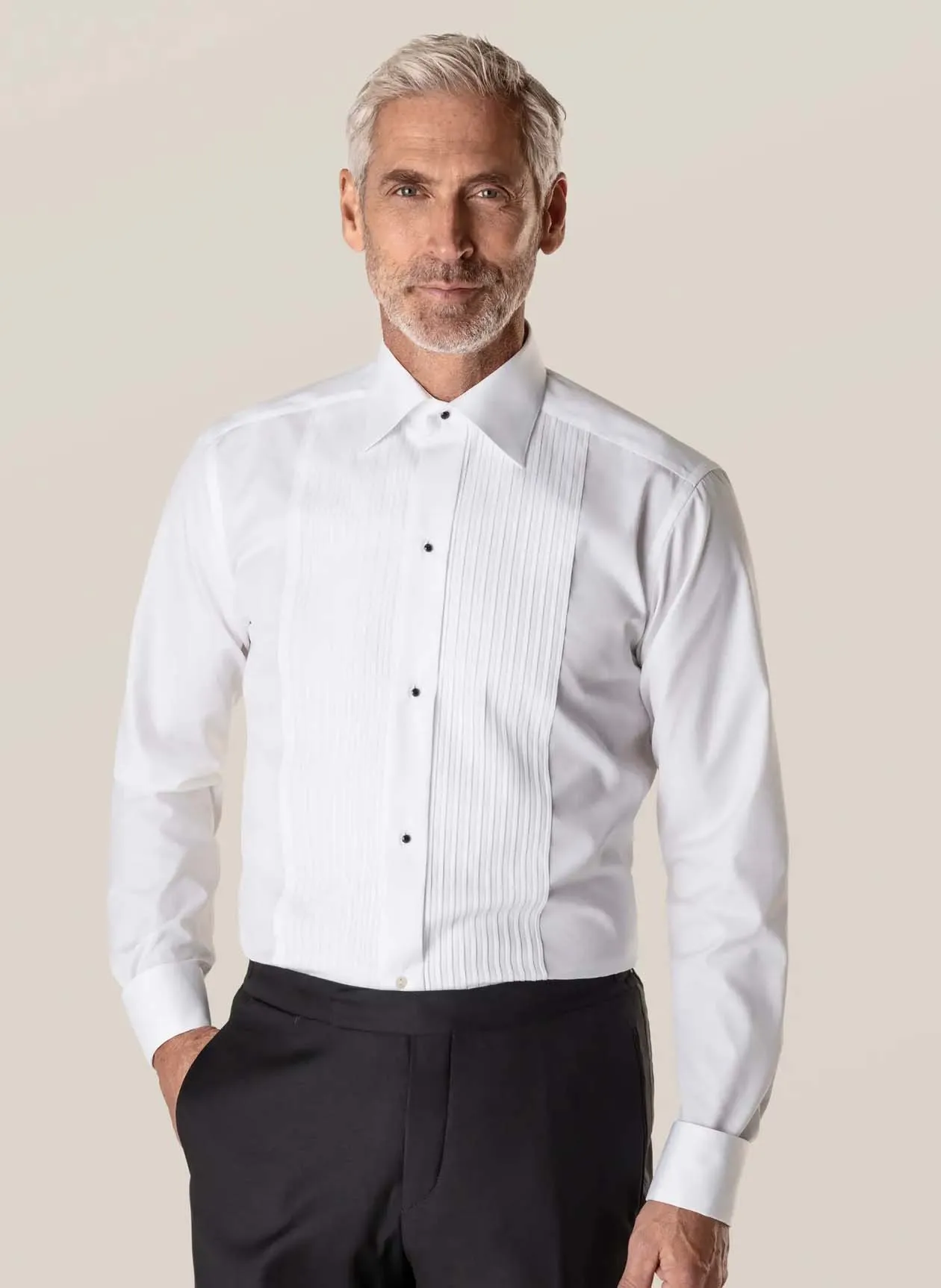 WHITE PLISSE TUXEDO SHIRT