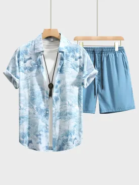 Wiaofellas   -  Men's Hawaiian Shirts Casual Button Down Short Sleeve Shirts Set Printed Shorts Beach Casual Summer Outfits Clothes Set for Men