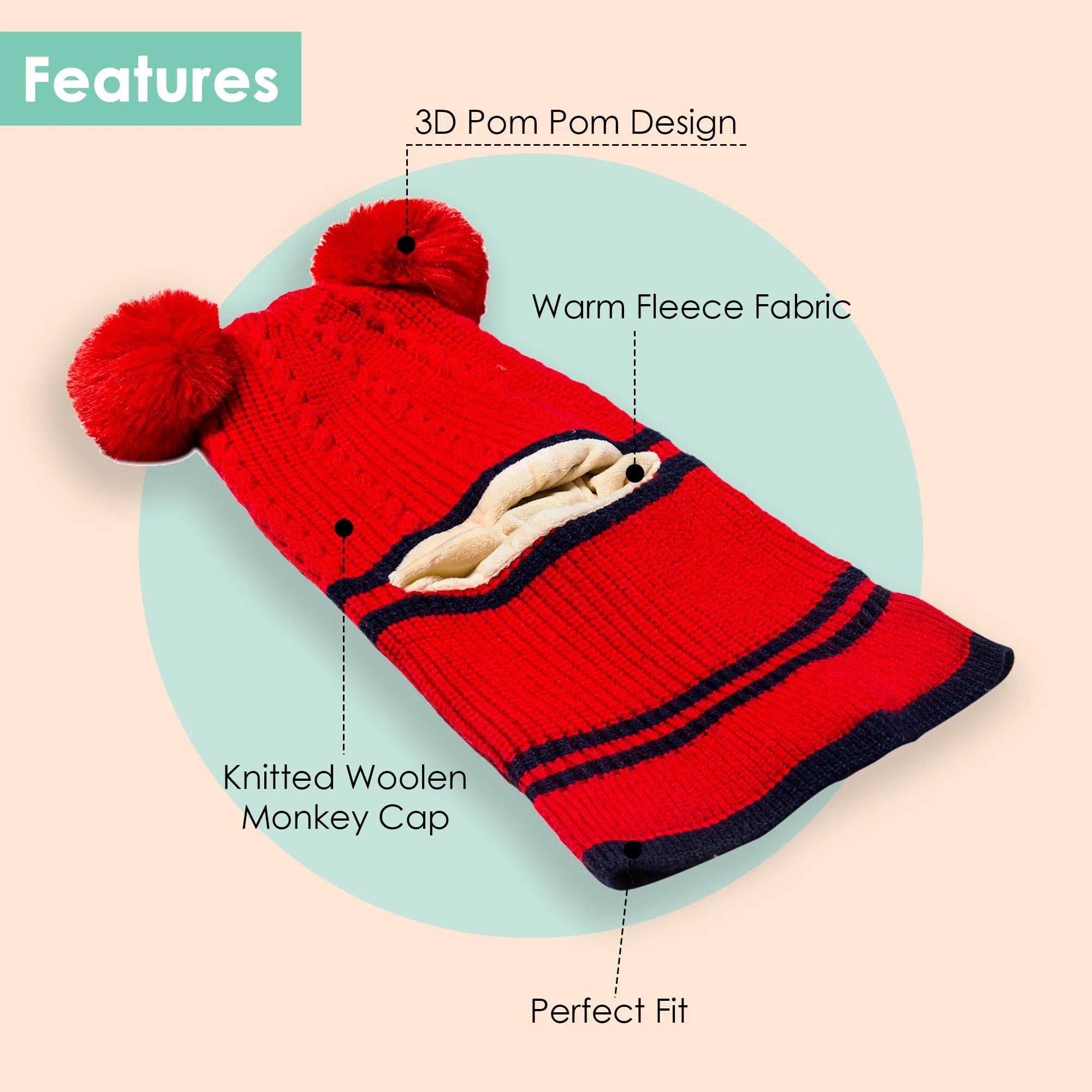 Winter Monkey Cap Woollen Hat Pom Pom Red