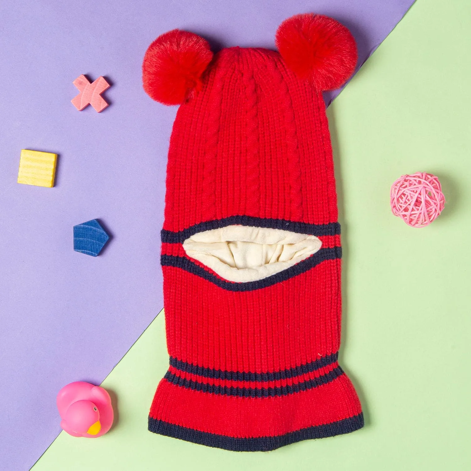 Winter Monkey Cap Woollen Hat Pom Pom Red