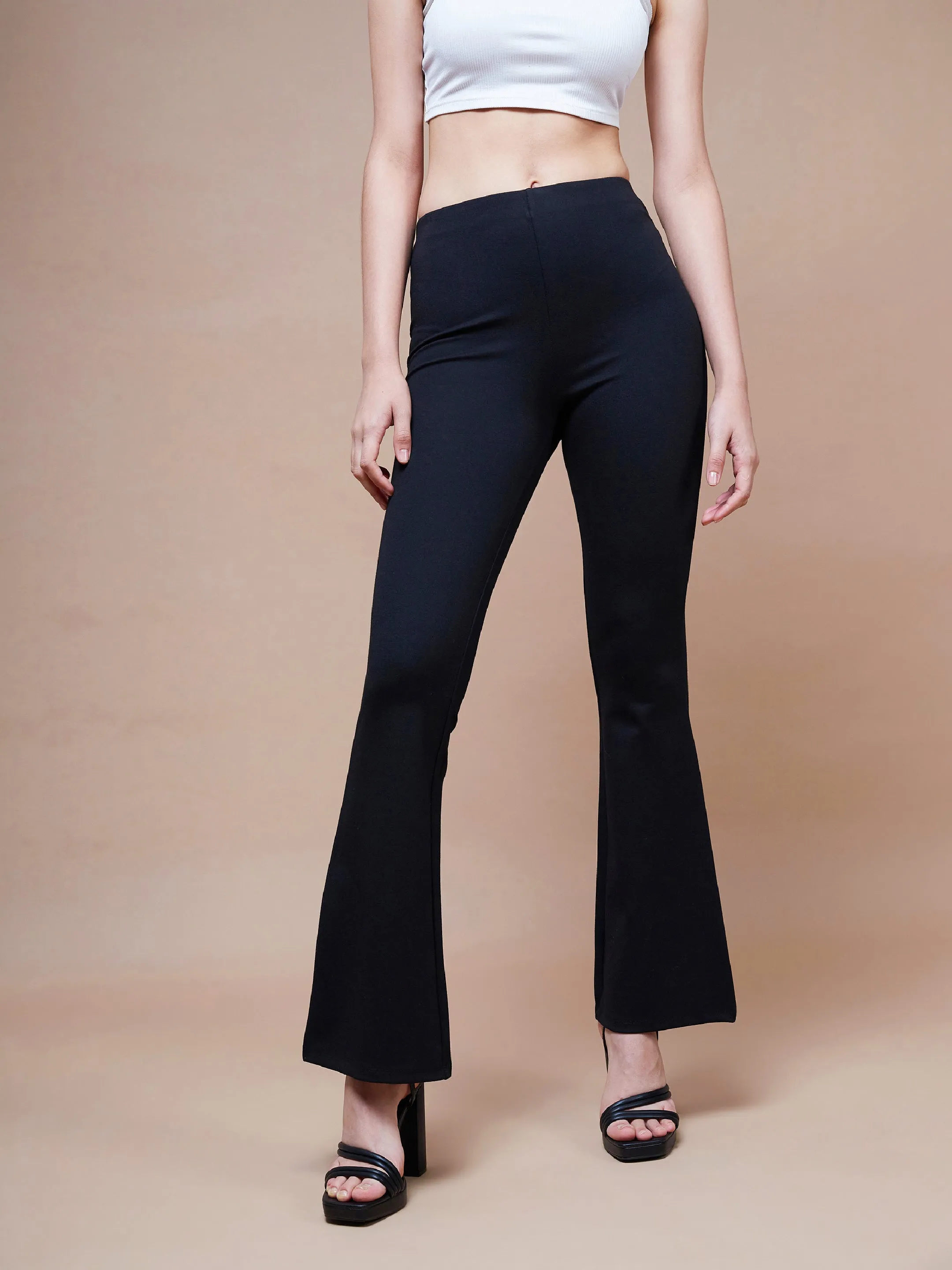 Women Black Bell Bottom 4-Way Stretch Pants