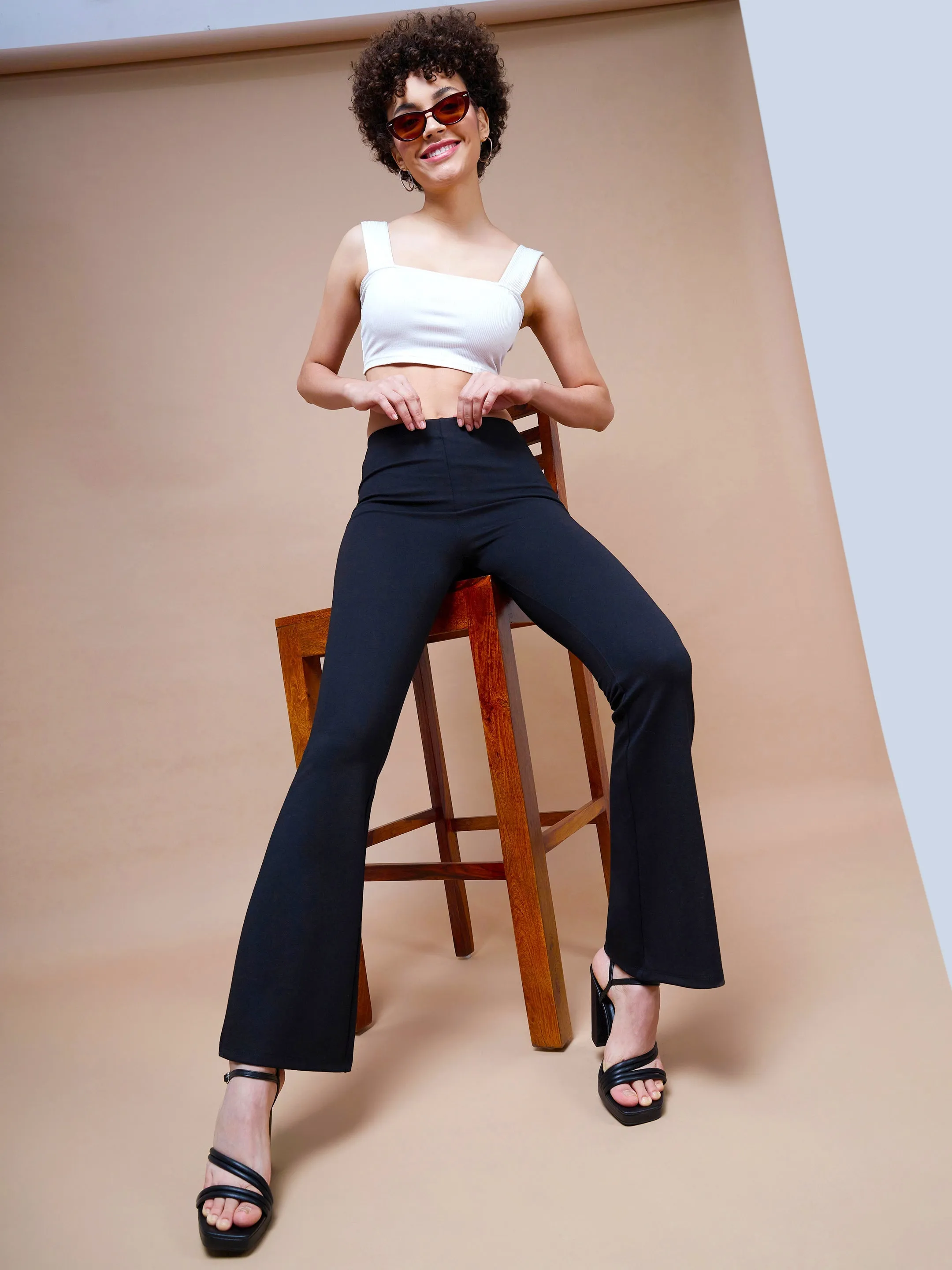 Women Black Bell Bottom 4-Way Stretch Pants