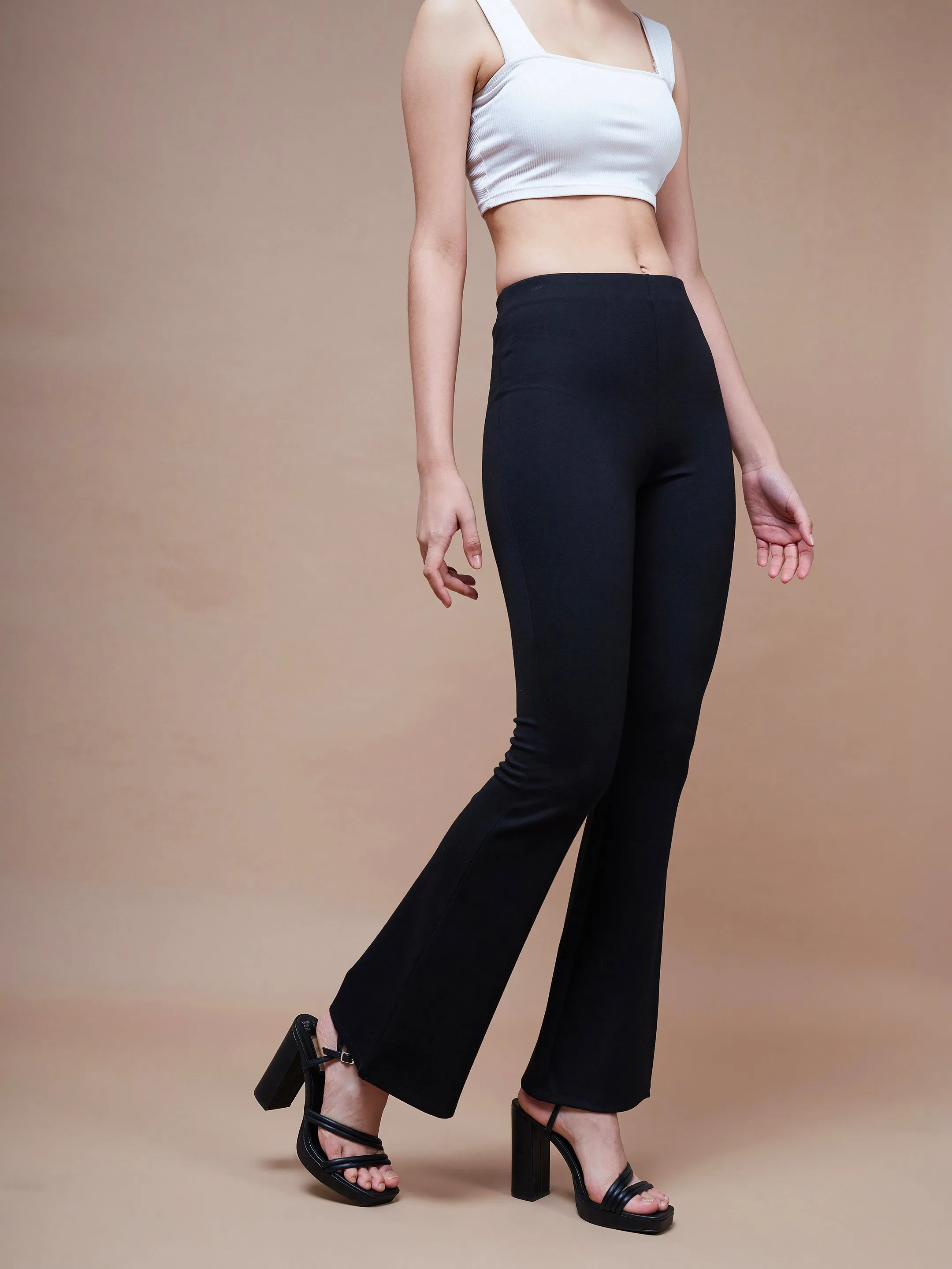 Women Black Bell Bottom 4-Way Stretch Pants