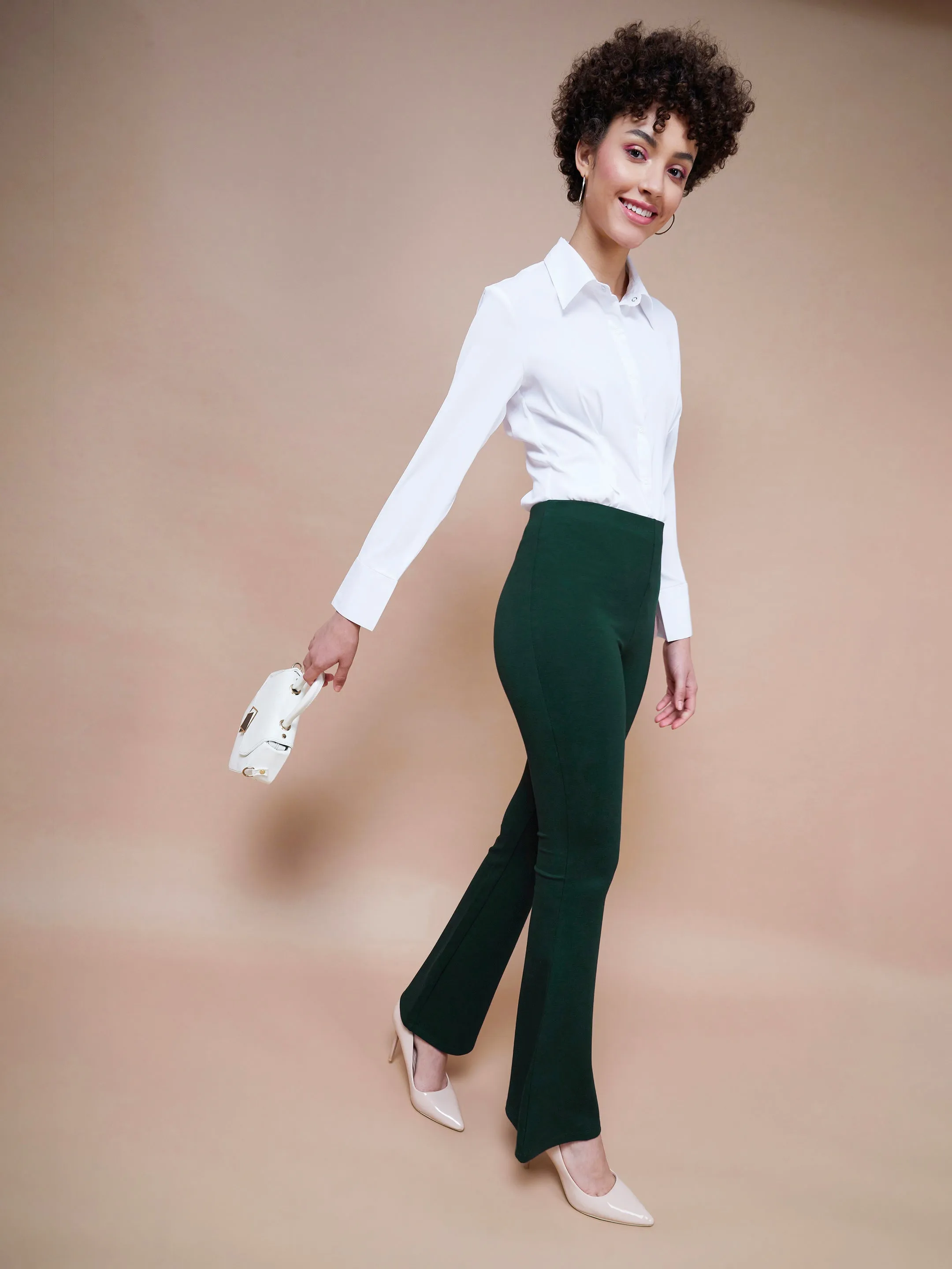 Women Emerald Green Bell Bottom 4-Way Stretch Pants