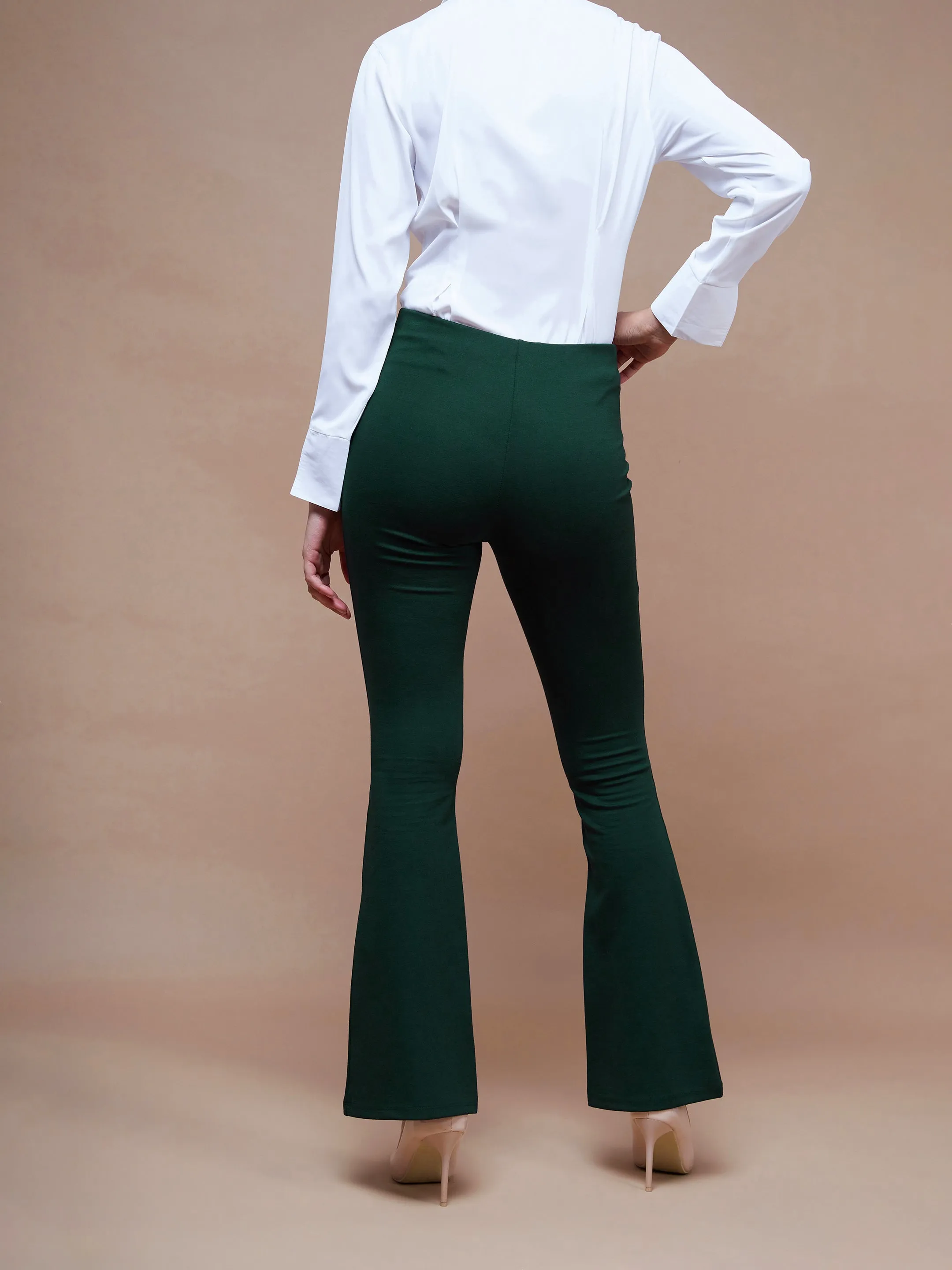 Women Emerald Green Bell Bottom 4-Way Stretch Pants