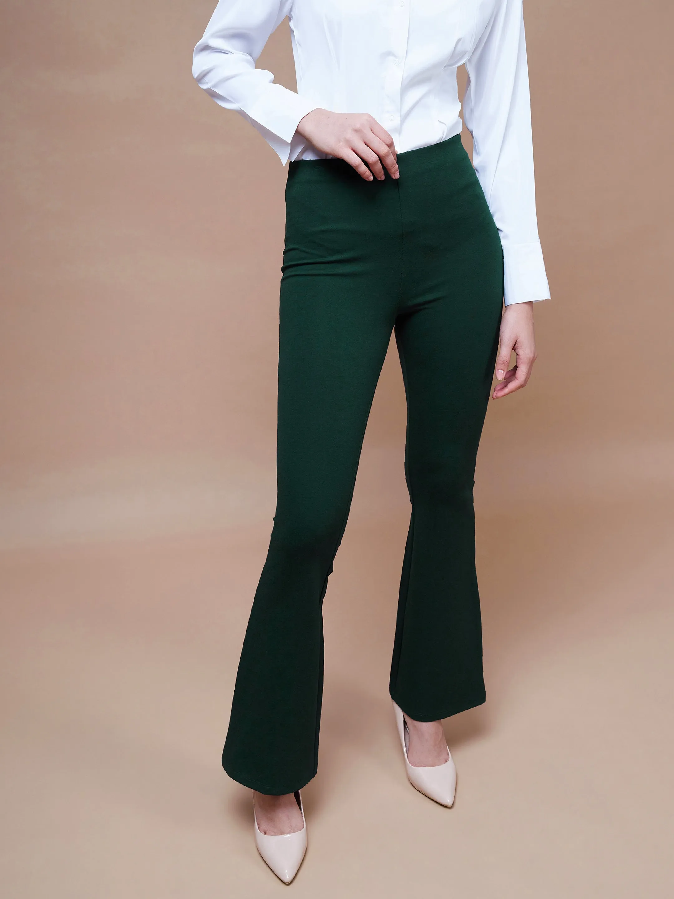 Women Emerald Green Bell Bottom 4-Way Stretch Pants