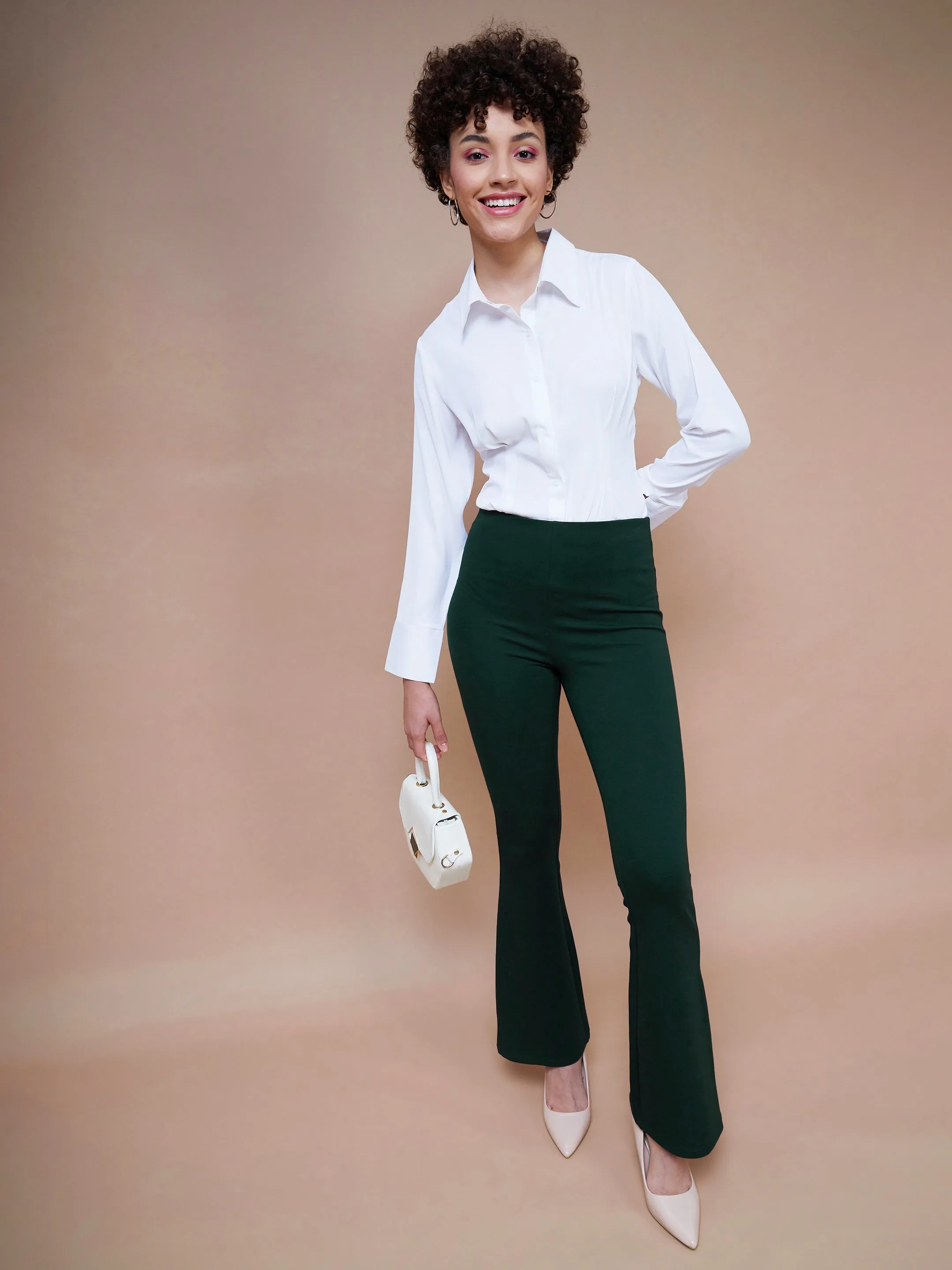 Women Emerald Green Bell Bottom 4-Way Stretch Pants