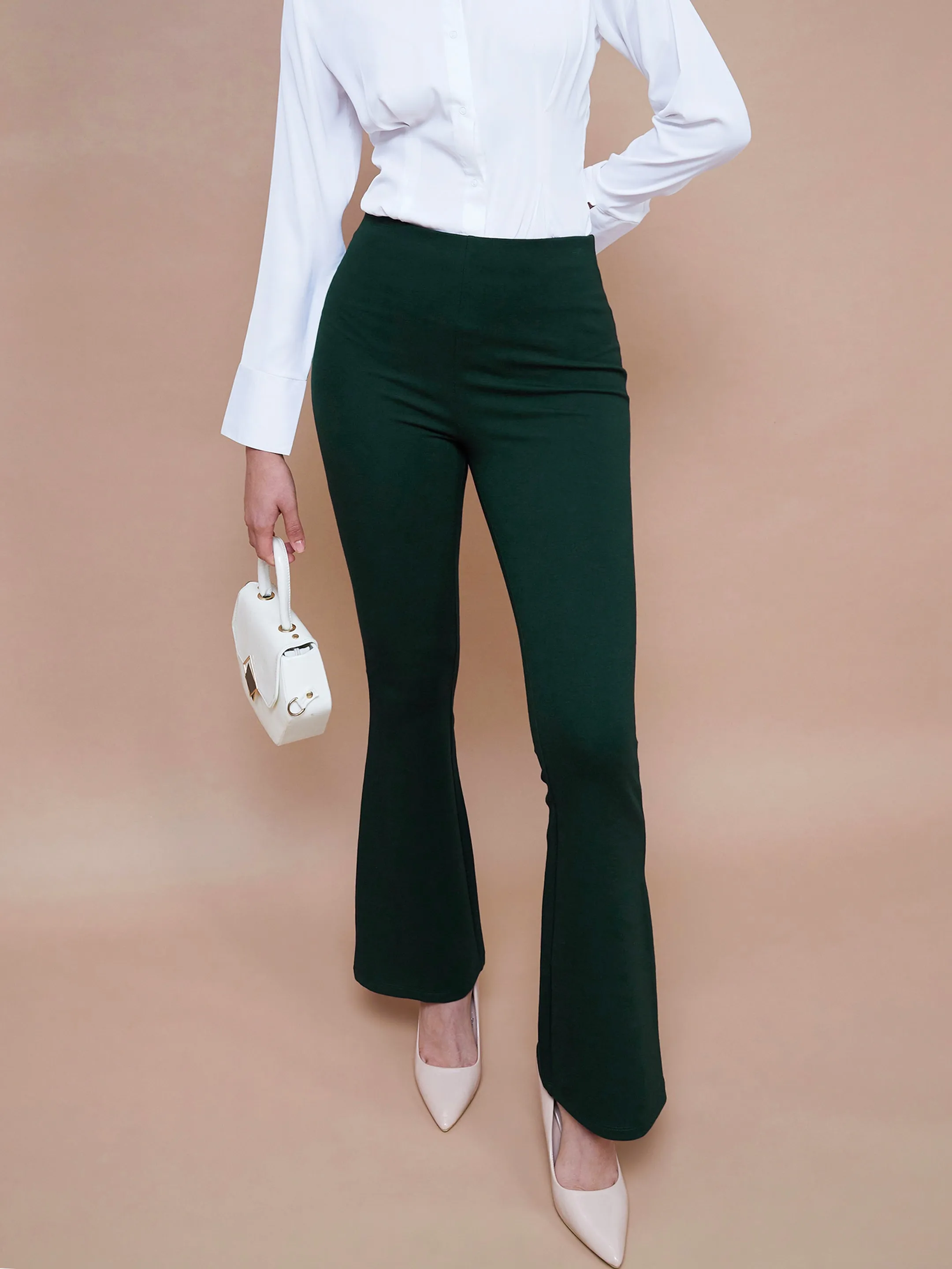 Women Emerald Green Bell Bottom 4-Way Stretch Pants