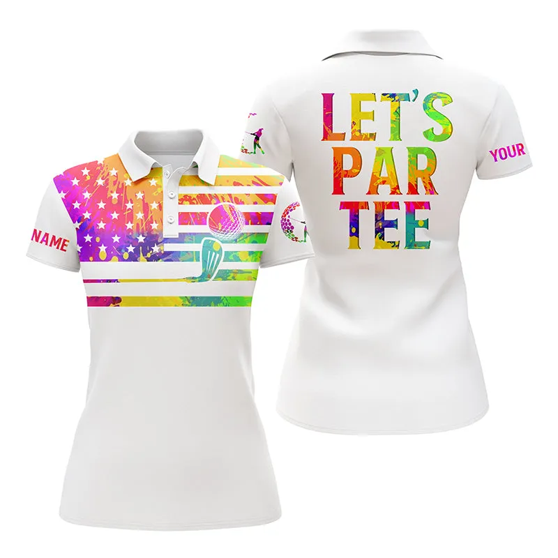 Women Golf Polo Shirts Watercolor American Flag Patriot Custom Name Let’s Par Tee White Golf Shirt