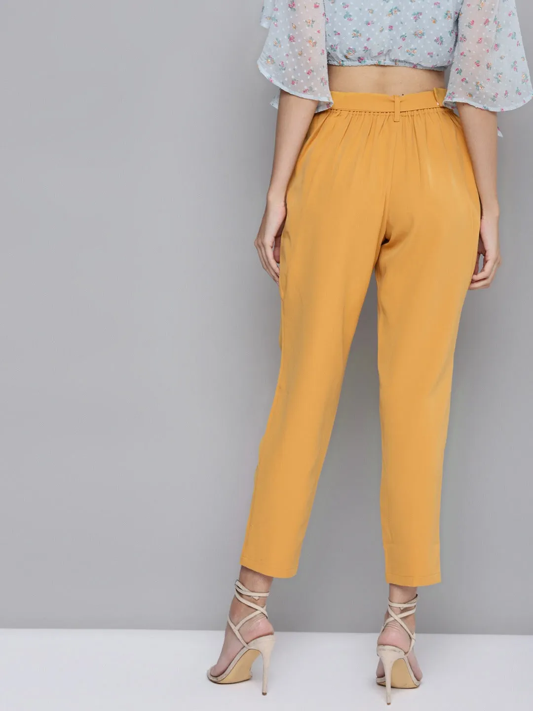 Women Mustard Front Pleat Tapered Pants