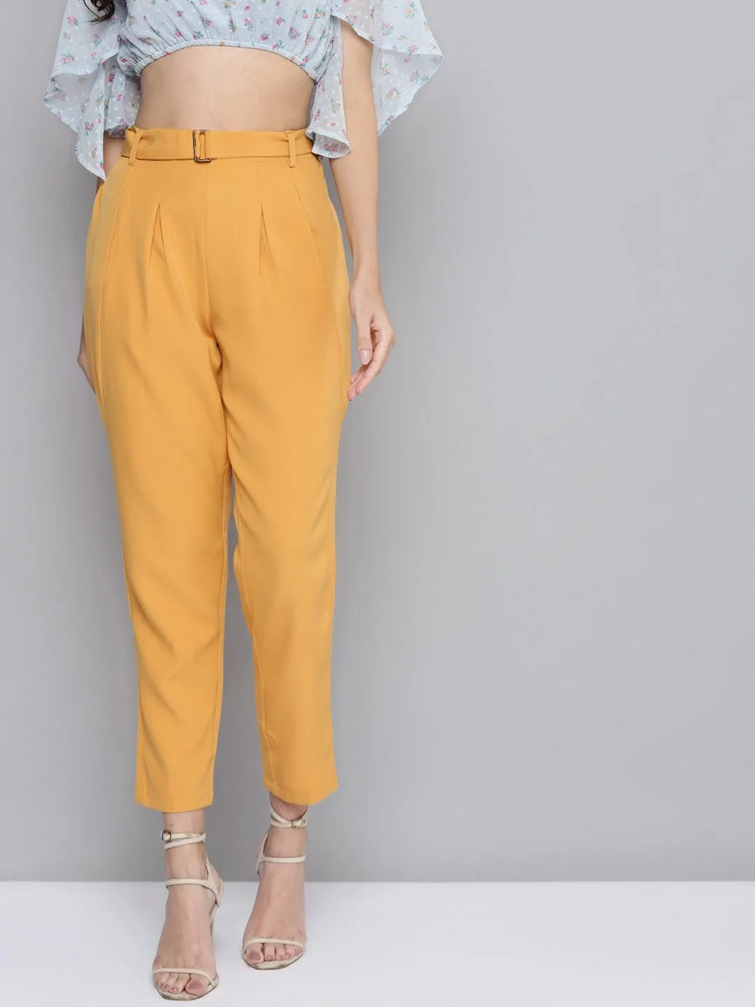 Women Mustard Front Pleat Tapered Pants