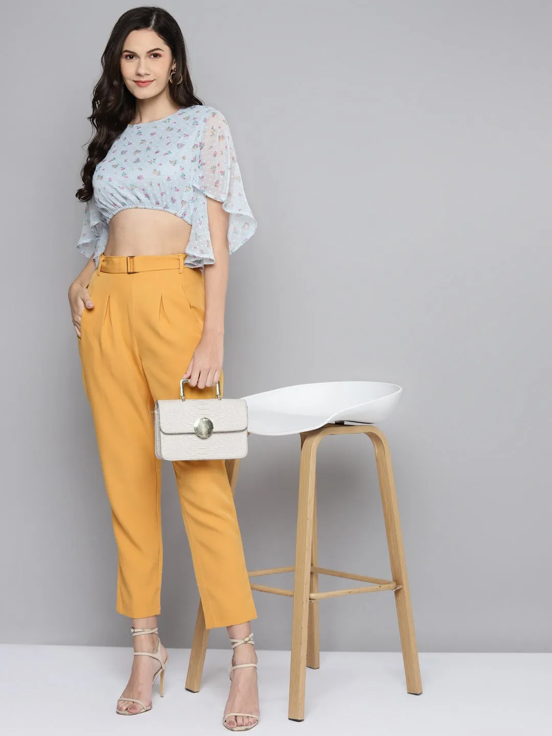 Women Mustard Front Pleat Tapered Pants