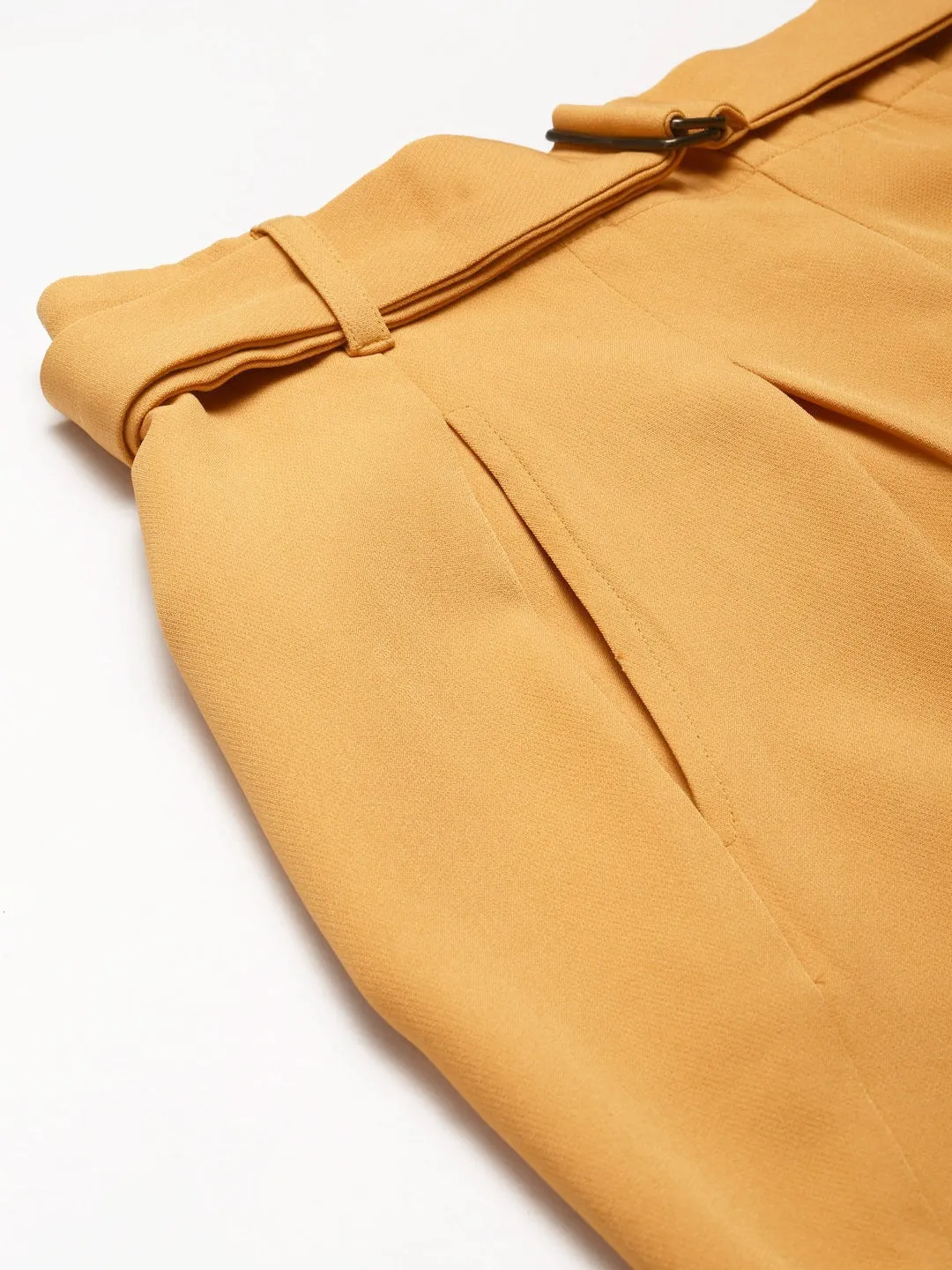 Women Mustard Front Pleat Tapered Pants