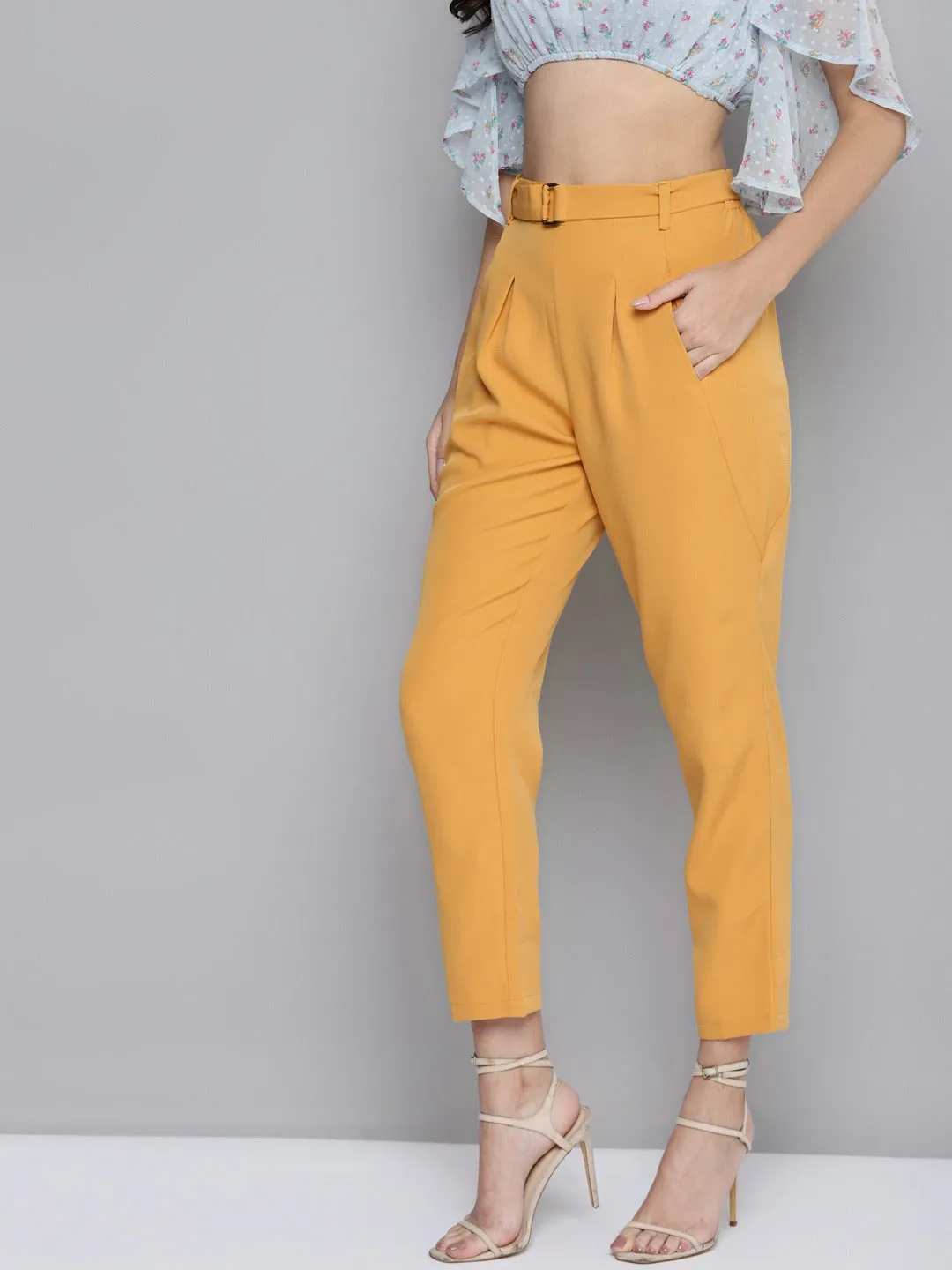 Women Mustard Front Pleat Tapered Pants