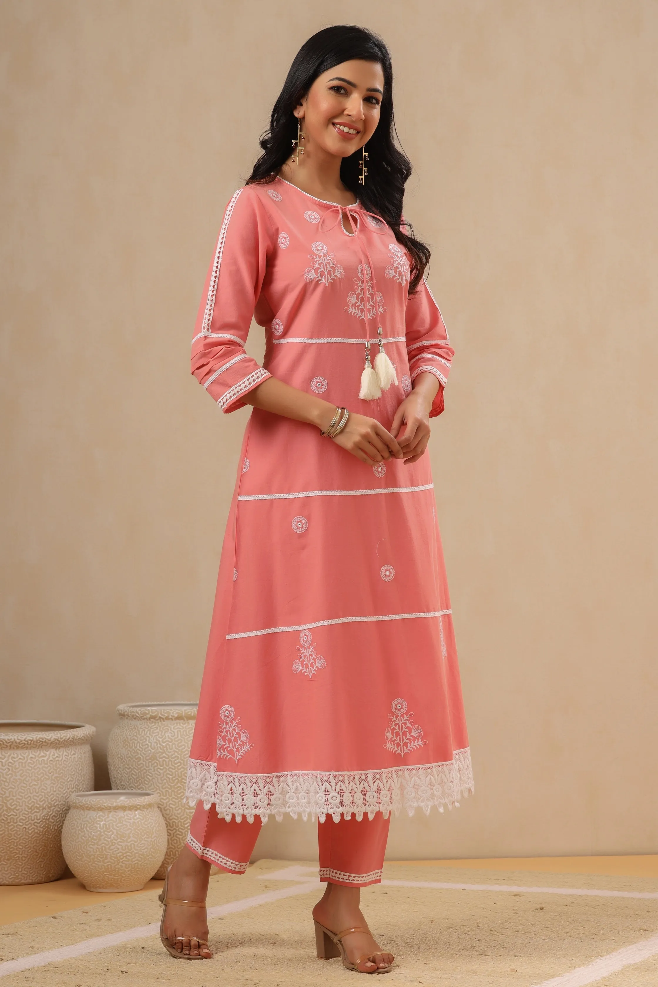 Women Pink Cambric Embroidered Kurta Set