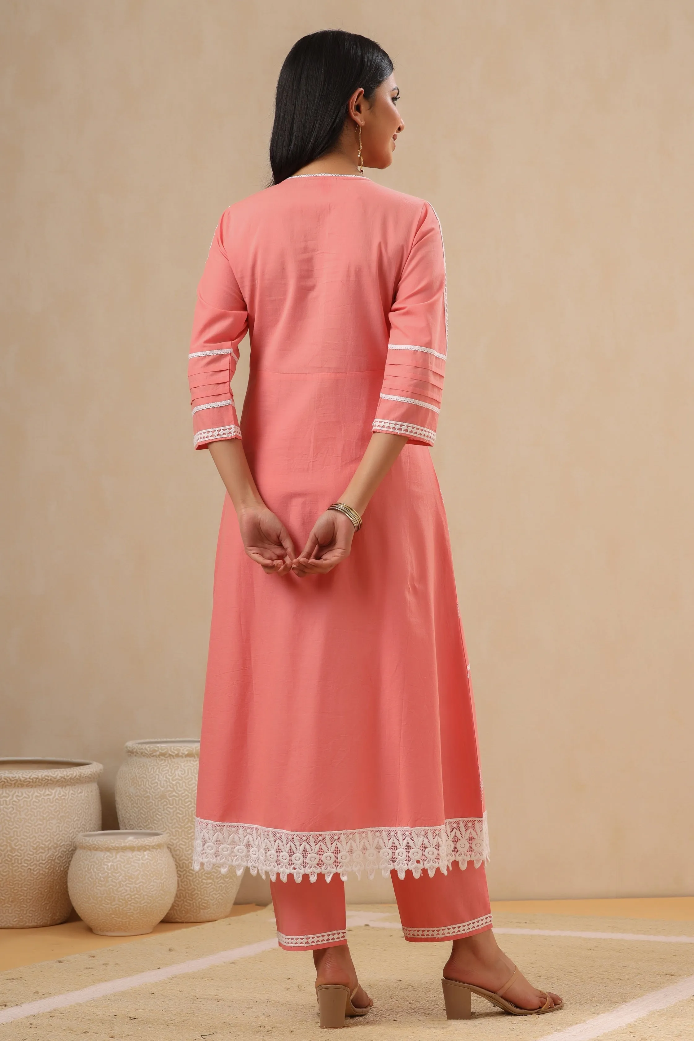 Women Pink Cambric Embroidered Kurta Set